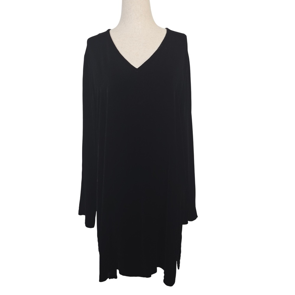 Eileen Fisher Silk Blend Velvet V-Neck Long Sleeve Shift Dress Black Medium